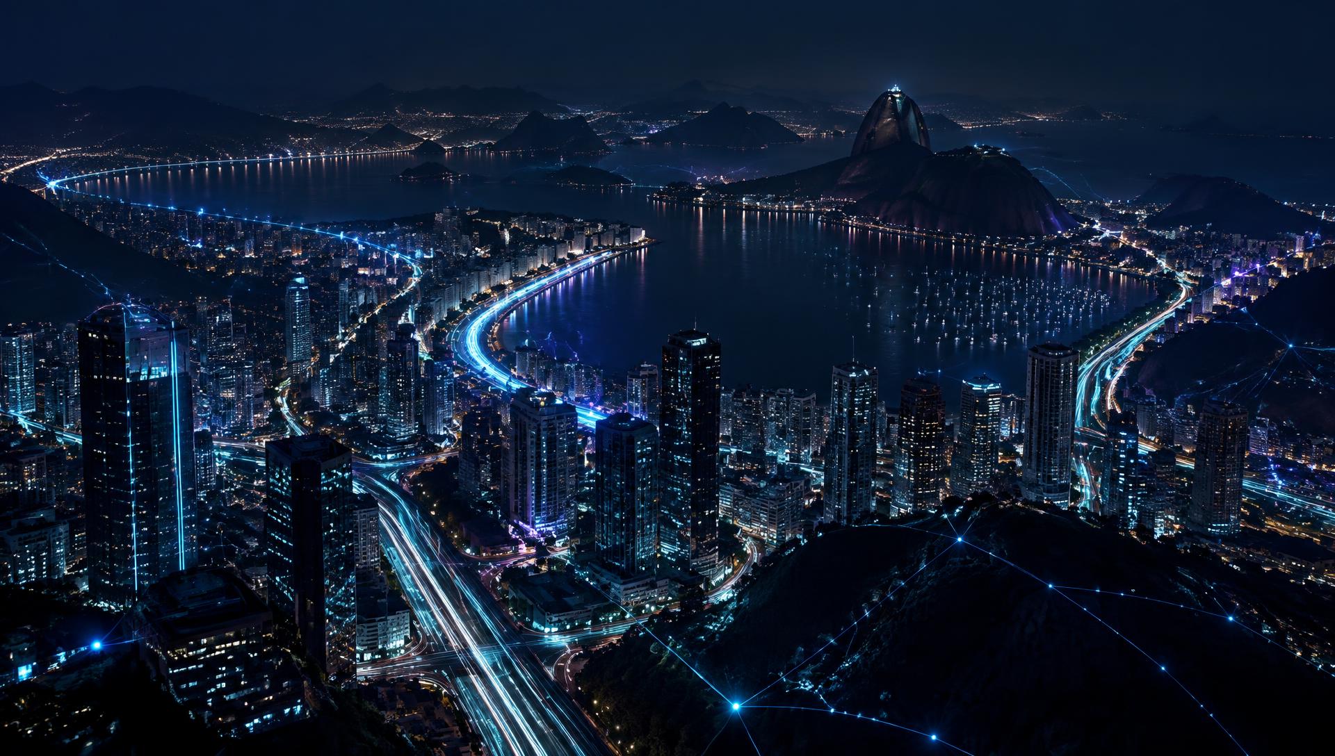 Cidade conectada por uma rede de tecnologia e dados